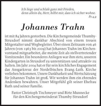 Traueranzeige von Johannes Trahn von Schleswiger Nachrichten