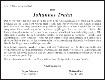Traueranzeige von Johannes Trahn von Schleswiger Nachrichten