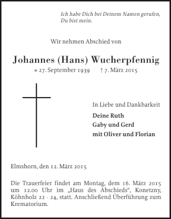Traueranzeige von Johannes Hans Wucherpfennig von Elmshorner Nachrichten