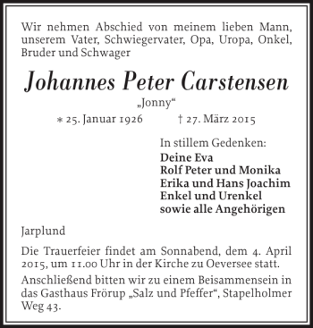 Traueranzeige von Johannes Peter Carstensen von Flensburger Tageblatt