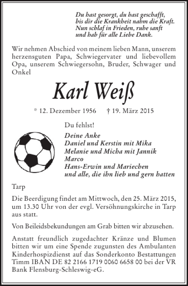  Traueranzeige für Karl Weiß vom 23.03.2015 aus Flensburger Tageblatt