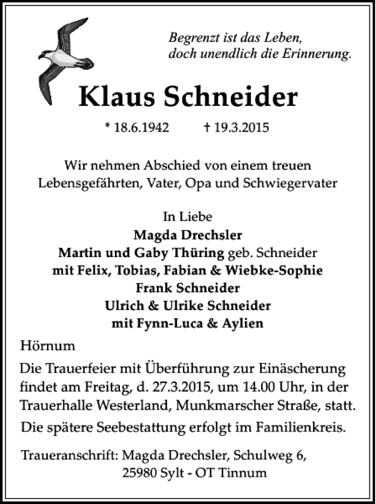  Traueranzeige für Klaus Schneider vom 24.03.2015 aus Sylter Rundschau