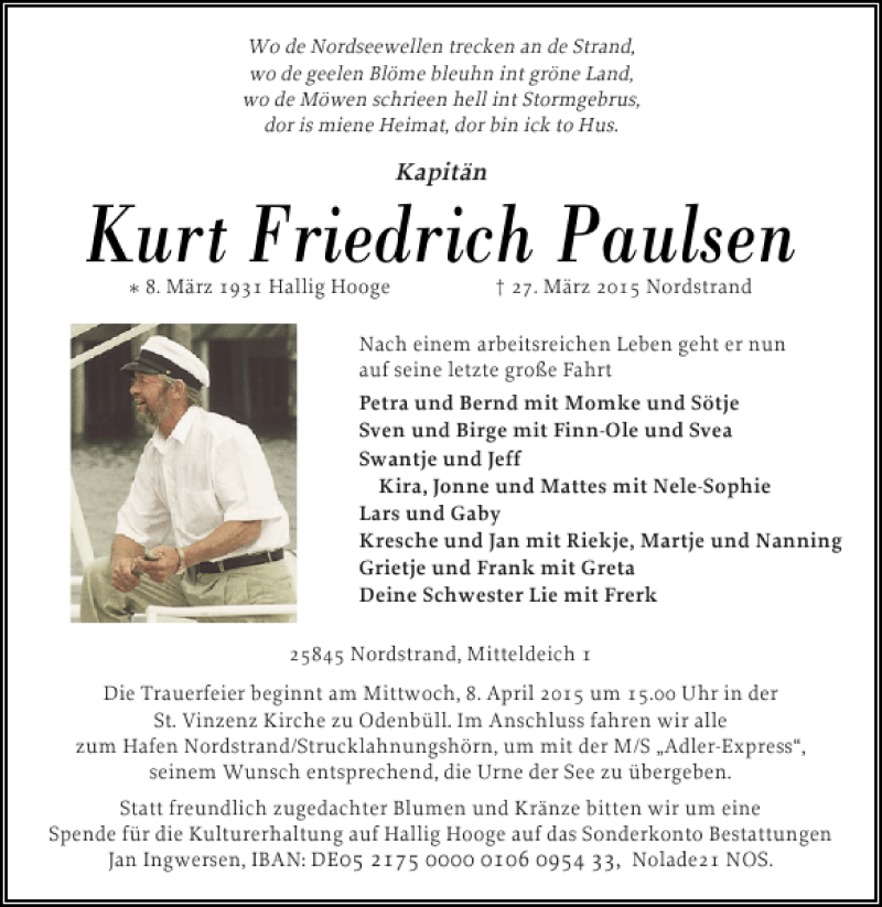  Traueranzeige für Kurt Friedrich Paulsen vom 31.03.2015 aus Flensburger Tageblatt