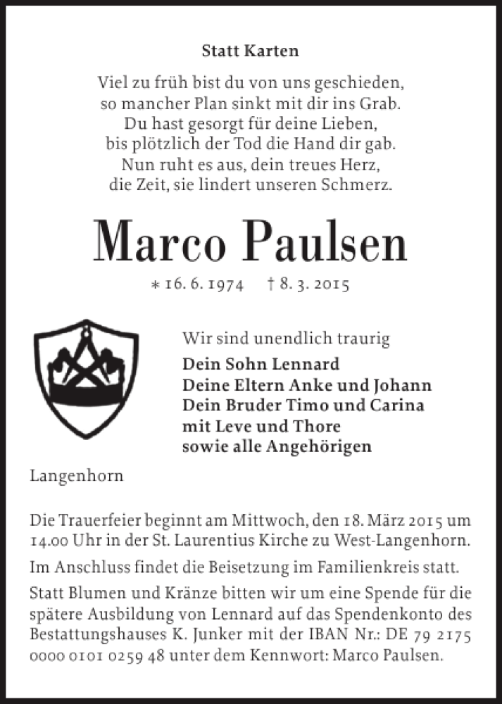  Traueranzeige für Marco Paulsen vom 14.03.2015 aus Husumer Nachrichten