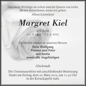 Traueranzeige von Margret Kiel von Norddeutsche Rundschau