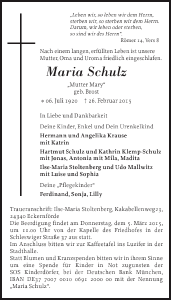  Traueranzeige für Maria Schulz vom 04.03.2015 aus Eckernförder Zeitung