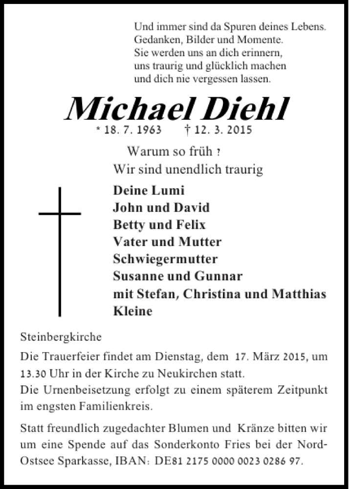  Traueranzeige für Michael Diehl vom 14.03.2015 aus Flensburger Tageblatt