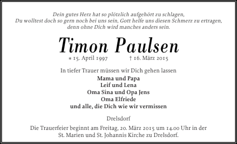  Traueranzeige für Timon Paulsen vom 18.03.2015 aus Husumer Nachrichten