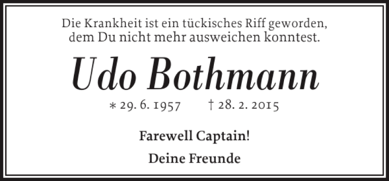 Traueranzeige für Udo Bothmann vom 07.03.2015 aus Norddeutsche Rundschau