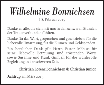 Traueranzeige von Wilhelmine Bonnichsen von Nordfriesland Tageblatt