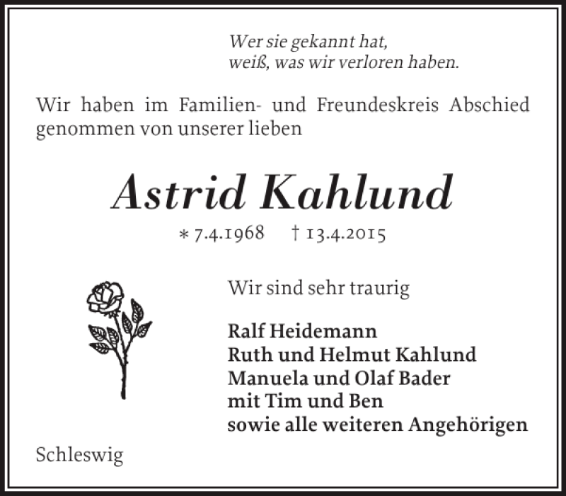  Traueranzeige für Astrid Kahlund vom 18.04.2015 aus Schleswiger Nachrichten