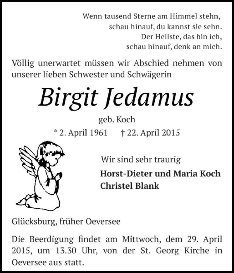  Traueranzeige für Birgit Jedamus vom 25.04.2015 aus Flensburger Tageblatt