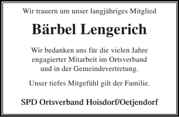 Traueranzeige von Bärbel Lengerich von Stormarner Tageblatt