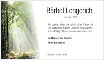 Traueranzeige von Bärbel Lengerich von Stormarner Tageblatt