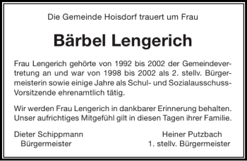 Traueranzeige von Bärbel Lengerich von Stormarner Tageblatt