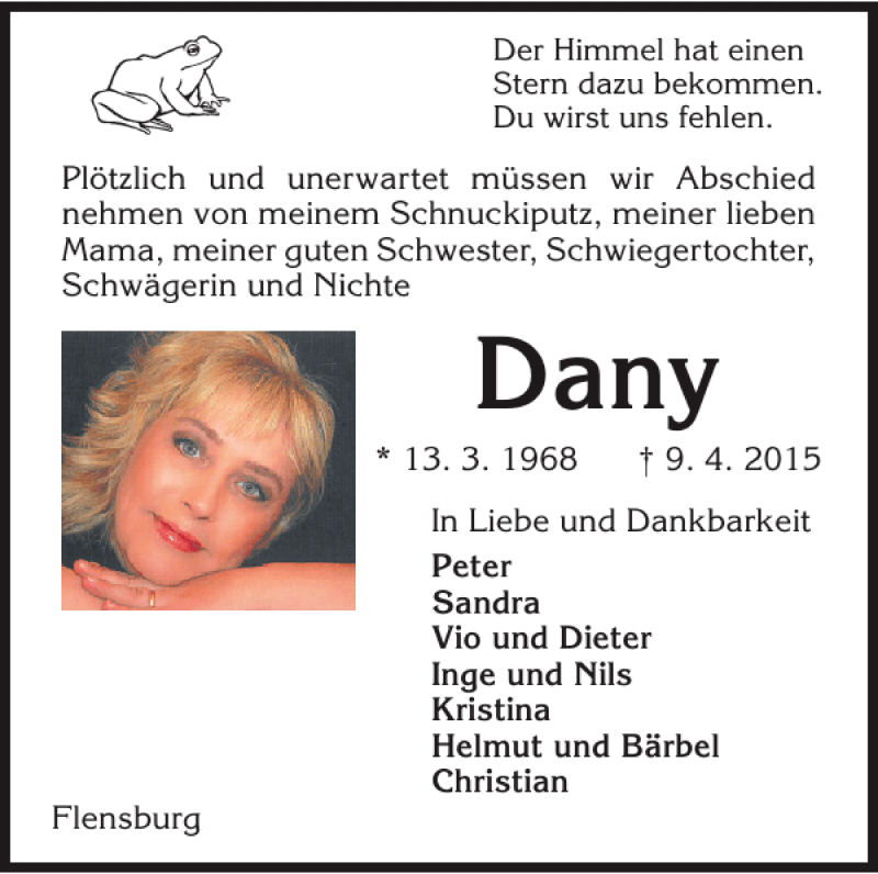  Traueranzeige für Dany  vom 17.04.2015 aus Flensburger Tageblatt