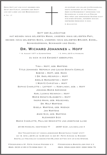 Traueranzeige von Dr. Wichard Johannes v. Hoff von Eckernförder Zeitung
