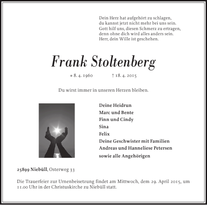 Traueranzeige für Frank Stoltenberg vom 23.04.2015 aus Nordfriesland Tageblatt