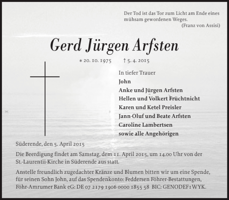  Traueranzeige für Gerd Jürgen Arfsten vom 09.04.2015 aus Der Insel-Bote