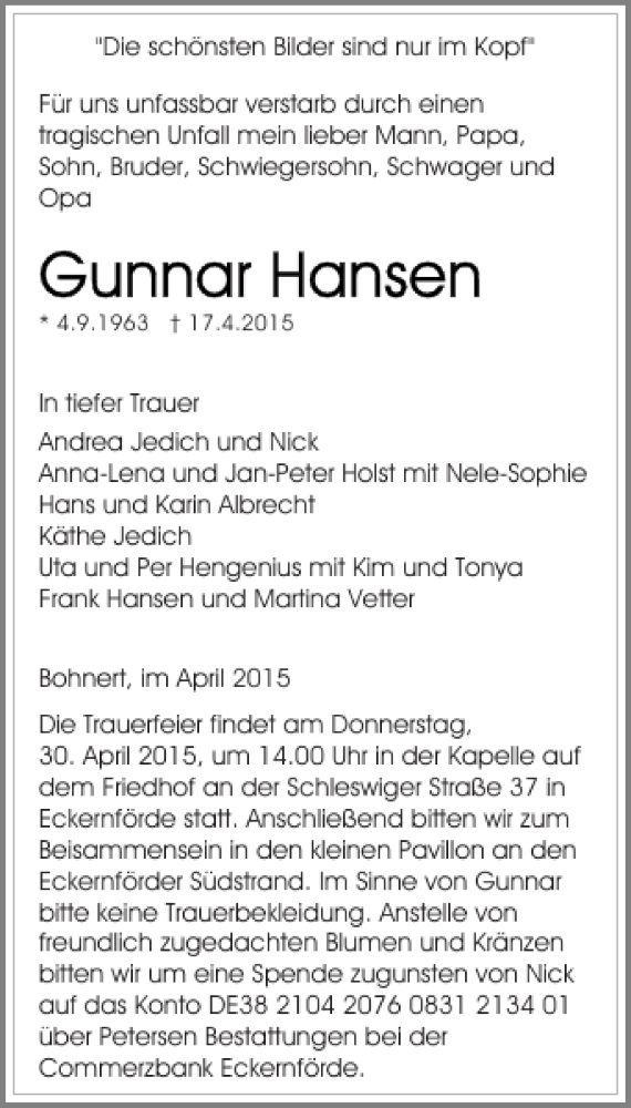  Traueranzeige für Gunnar Hansen vom 27.04.2015 aus Flensburger Tageblatt