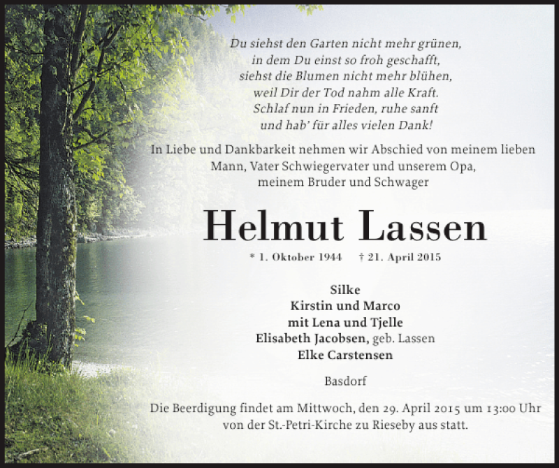  Traueranzeige für Helmut  vom 25.04.2015 aus Eckernförder Zeitung
