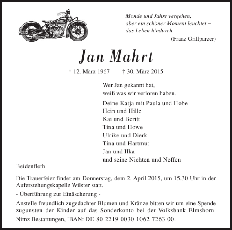  Traueranzeige für Jan Mahrt vom 01.04.2015 aus Norddeutsche Rundschau
