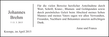 Traueranzeige von Johannes Brehm von Norddeutsche Rundschau