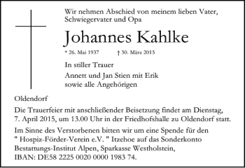 Traueranzeige von Johannes Kahlke von Norddeutsche Rundschau