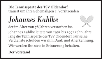 Traueranzeige von Johannes Kahlke von Norddeutsche Rundschau