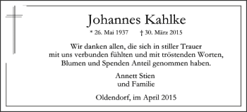 Traueranzeige von Johannes Kahlke von Norddeutsche Rundschau