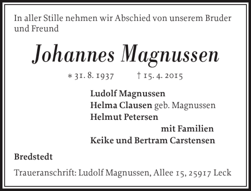  Traueranzeige für Johannes Magnussen vom 25.04.2015 aus Husumer Nachrichten