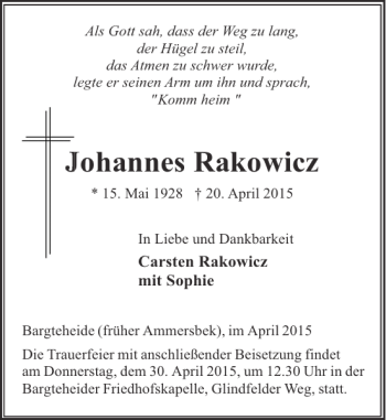 Traueranzeige von Johannes Rakowicz von Stormarner Tageblatt