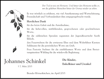 Traueranzeige von Johannes Schinkel von Elmshorner Nachrichten
