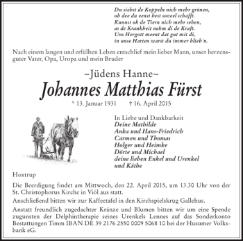 Traueranzeige von Johannes Matthias Fürst von Husumer Nachrichten