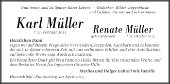 Traueranzeige von Karl Müller und Renate Müller von Husumer Nachrichten