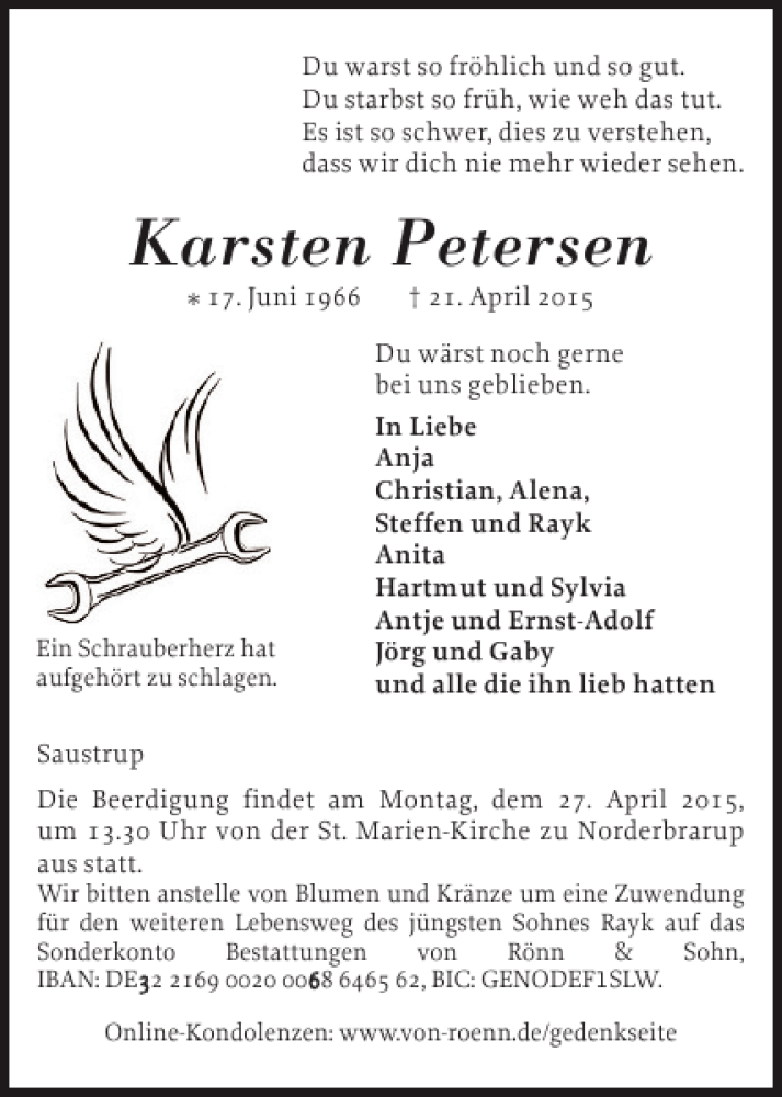  Traueranzeige für Karsten Petersen vom 23.04.2015 aus Flensburger Tageblatt