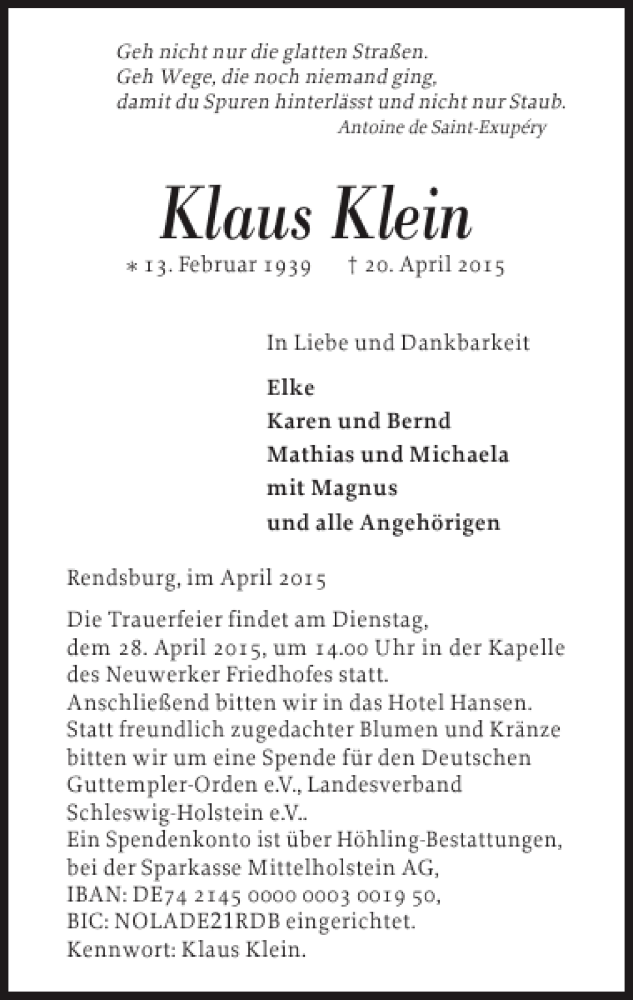  Traueranzeige für Klaus Klein vom 24.04.2015 aus Landeszeitung