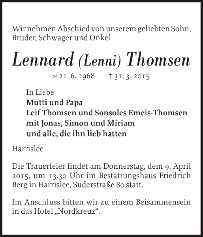  Traueranzeige für Lennard (Lenni) Thomsen vom 04.04.2015 aus Flensburger Tageblatt
