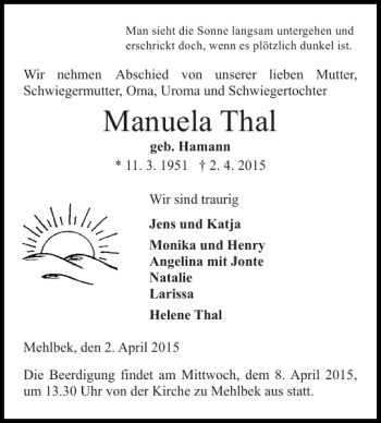 Traueranzeige von Manuela Thal von Norddeutsche Rundschau