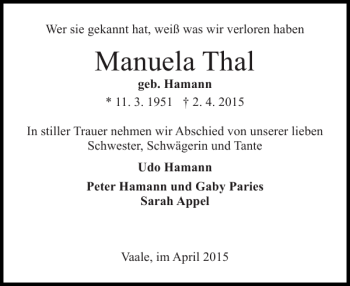 Traueranzeige von Manuela Thal von Norddeutsche Rundschau