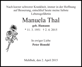 Traueranzeige von Manuela Thal von Norddeutsche Rundschau