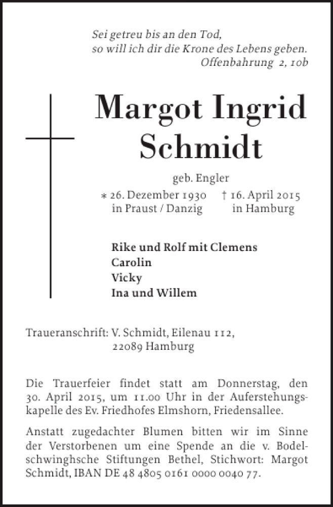  Traueranzeige für Margot Ingrid Schmidt vom 25.04.2015 aus Elmshorner Nachrichten