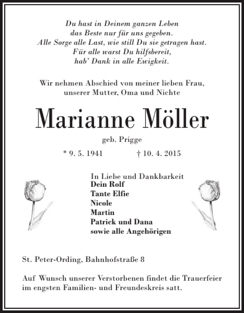  Traueranzeige für Marianne Möller vom 13.04.2015 aus Husumer Nachrichten