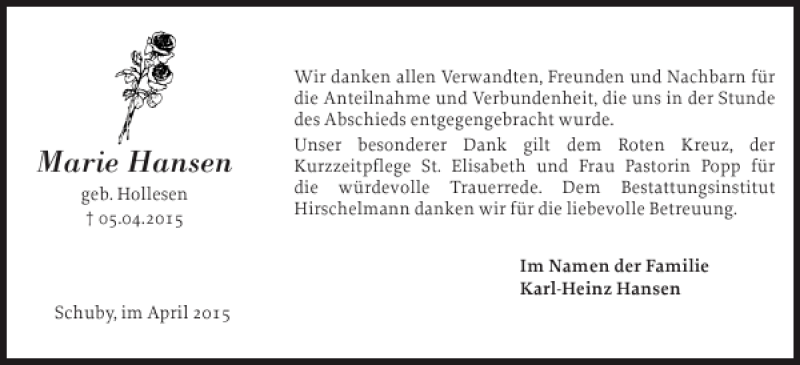  Traueranzeige für Marie Hansen vom 28.04.2015 aus Schleswiger Nachrichten