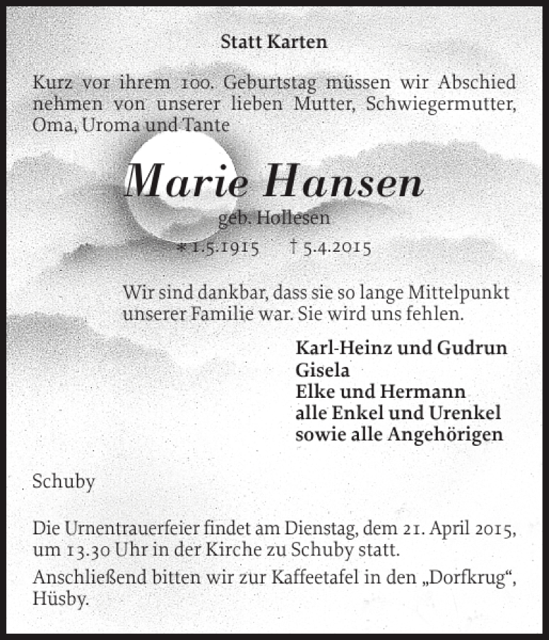 Traueranzeige für Marie Hansen vom 16.04.2015 aus Flensburger Tageblatt