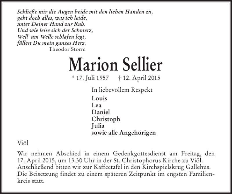  Traueranzeige für Marion Sellier vom 15.04.2015 aus Flensburger Tageblatt