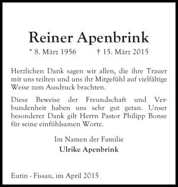 Traueranzeige von Reiner Apenbrink von Ostholsteiner Anzeiger