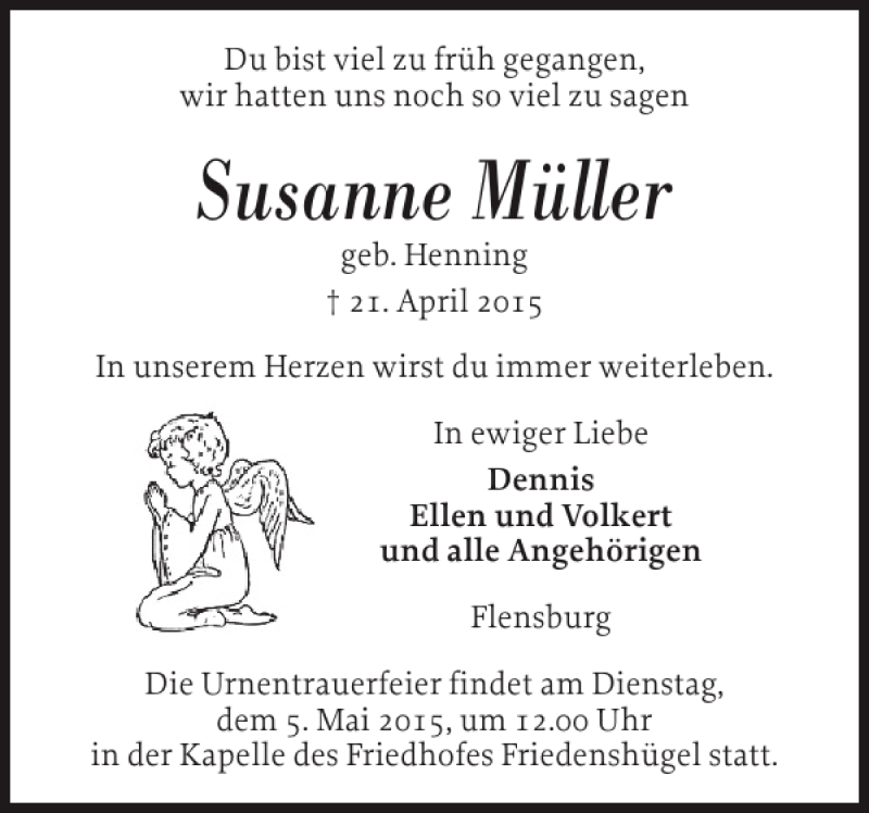  Traueranzeige für Susanne Müller vom 30.04.2015 aus Flensburger Tageblatt