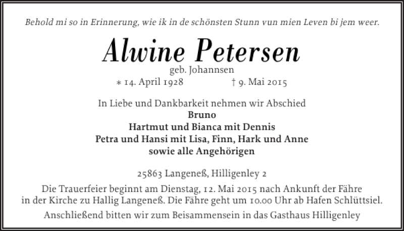  Traueranzeige für Alwine Petersen vom 11.05.2015 aus Husumer Nachrichten