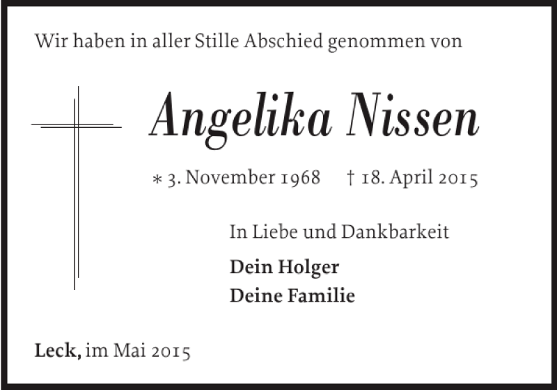  Traueranzeige für Angelika Nissen vom 02.05.2015 aus Nordfriesland Tageblatt